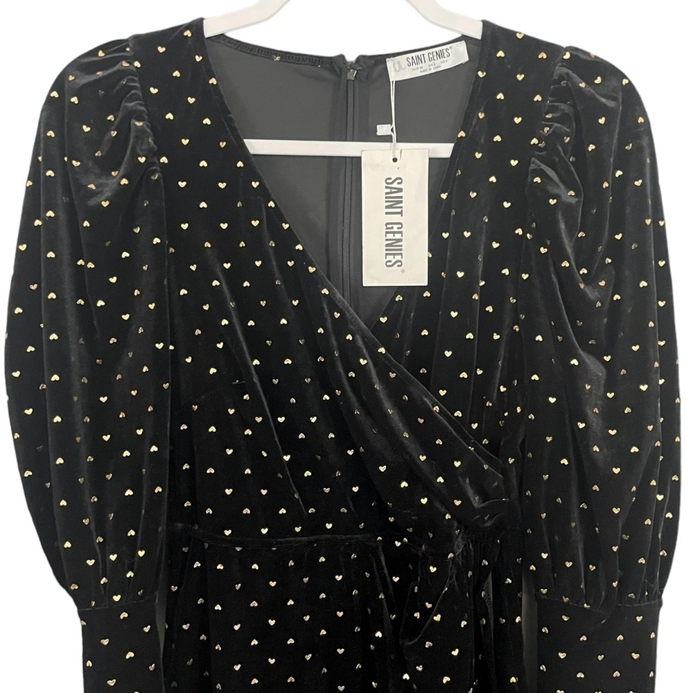 Saint Genies Heart Print Velvet Faux Wrap Mini Dress Black and Gold NWT - Picture 5 of 14